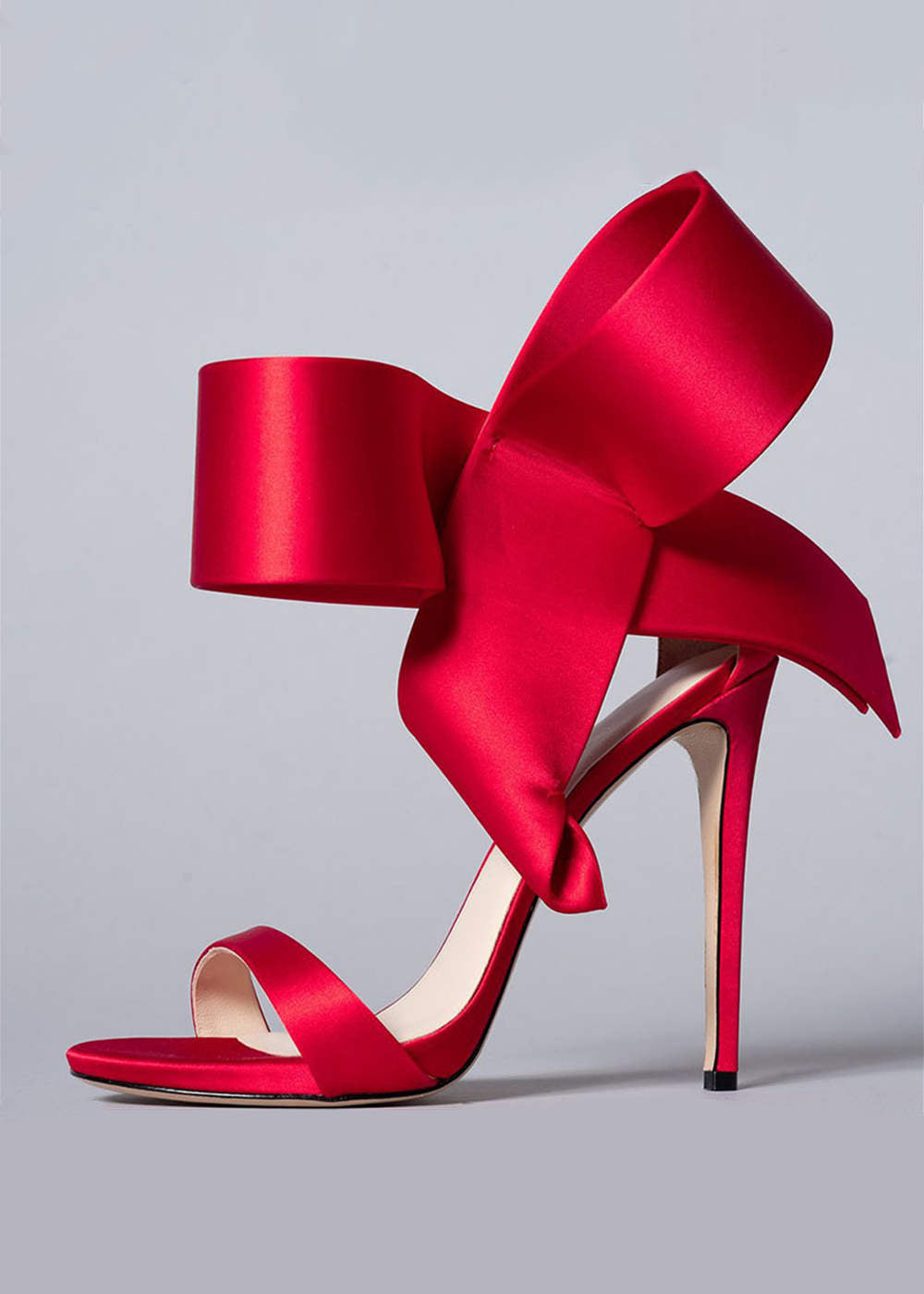 Leely Large Bow Knot Stiletto Heel Strap Sandals for Women Satin Red Bow Pump Heels