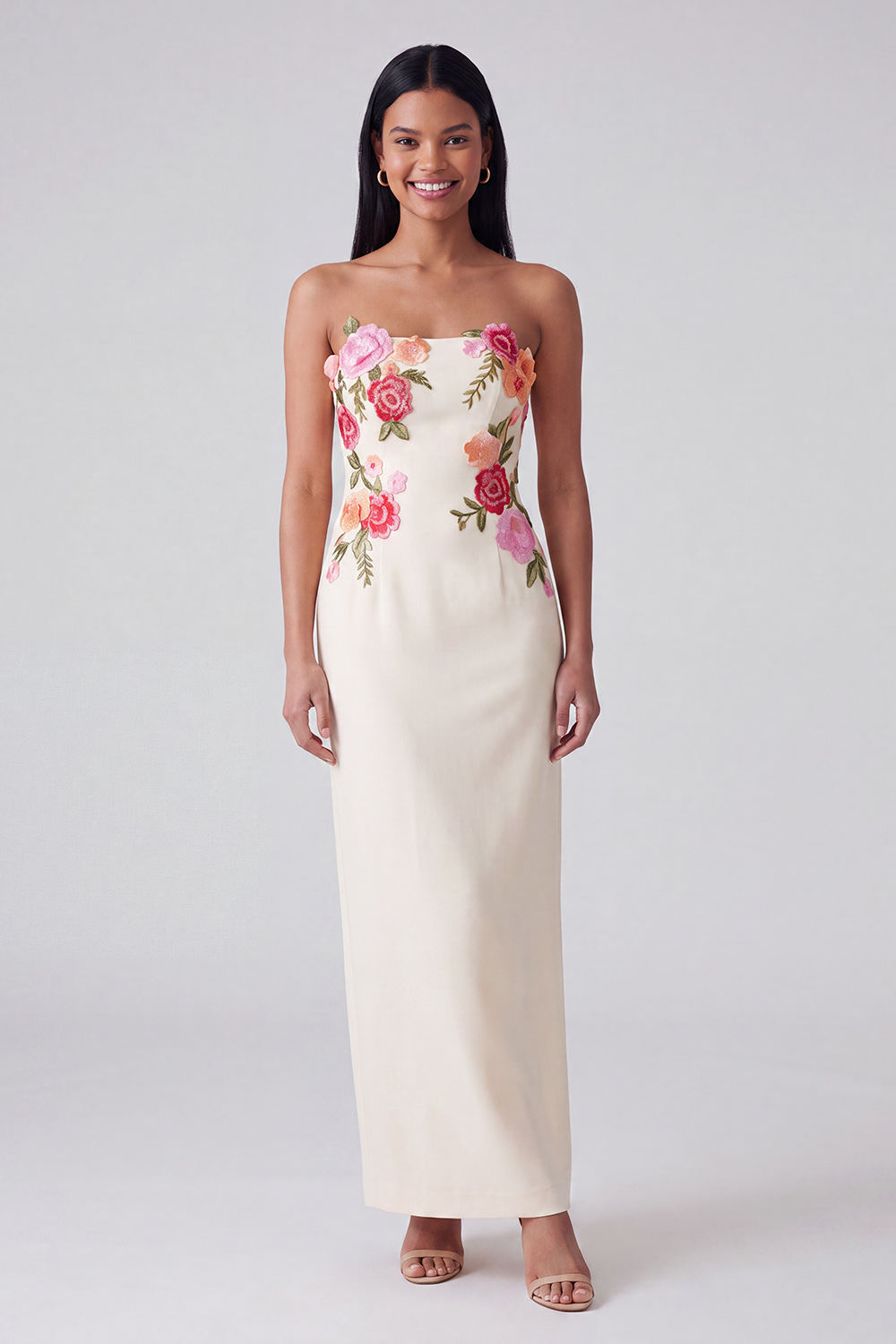 Black Strapless Floral Sheath Maxi Wedding Guest Dress