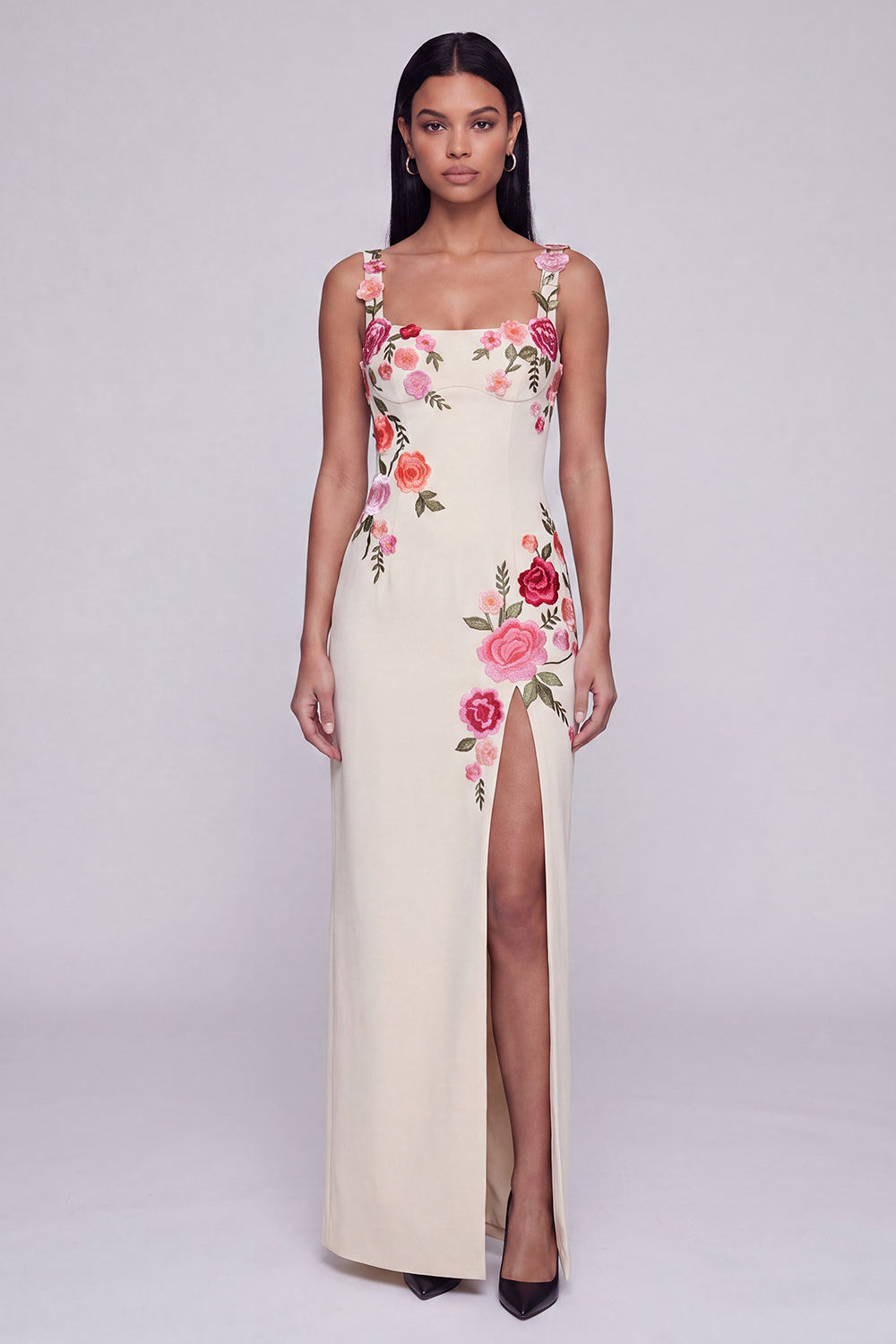 Sheath Black Square Neck Floral Maxi Beach Wedding Guest Dress with Slit