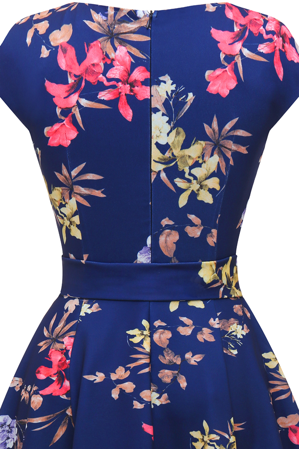 Navy Flower 2024 Women's Floral Cocktail, Tea Length Wedding Guest Dresses - Vintage, Graduation, Prom & Bridesmaid with Cap Sleeves