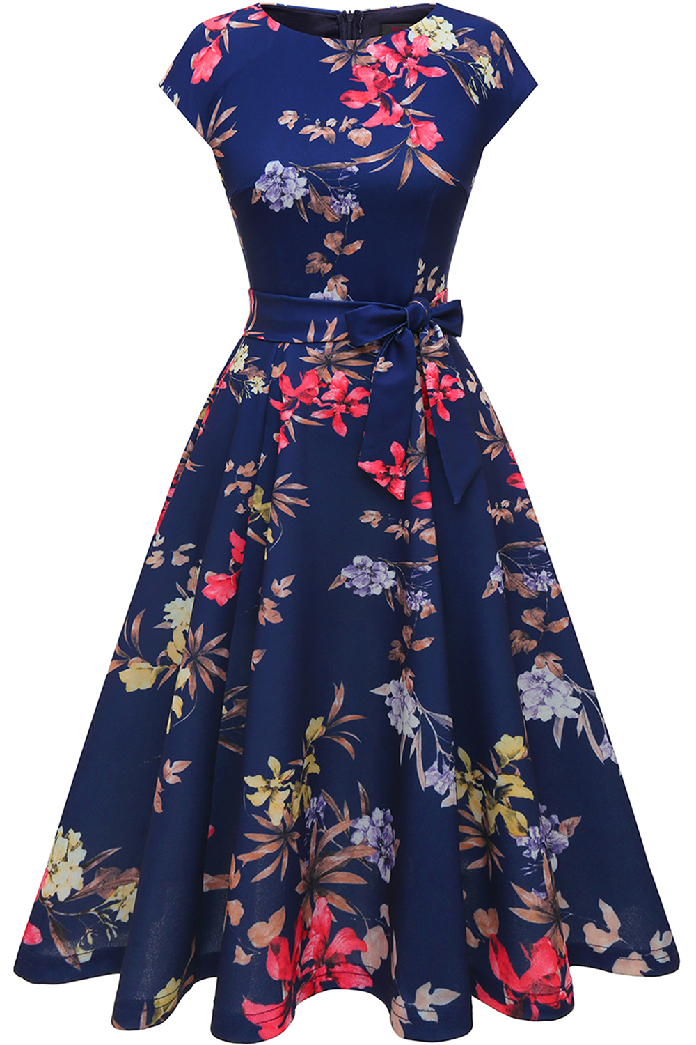 Navy Flower 2024 Women's Floral Cocktail, Tea Length Wedding Guest Dresses - Vintage, Graduation, Prom & Bridesmaid with Cap Sleeves