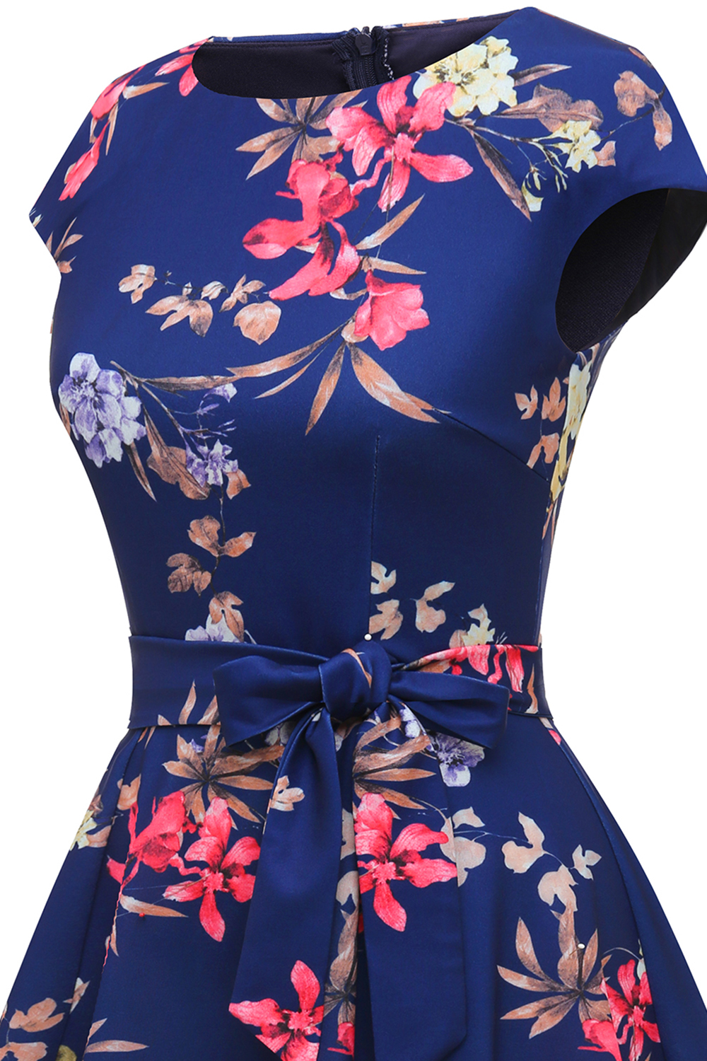 Navy Flower 2024 Women's Floral Cocktail, Tea Length Wedding Guest Dresses - Vintage, Graduation, Prom & Bridesmaid with Cap Sleeves