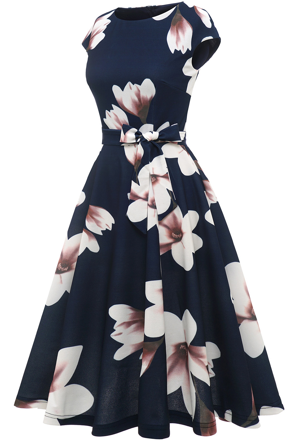 Navy Blue Flower 2024 Women's Floral Cocktail, Tea Length Wedding Guest Dresses - Vintage, Graduation, Prom & Bridesmaid with Cap Sleeves