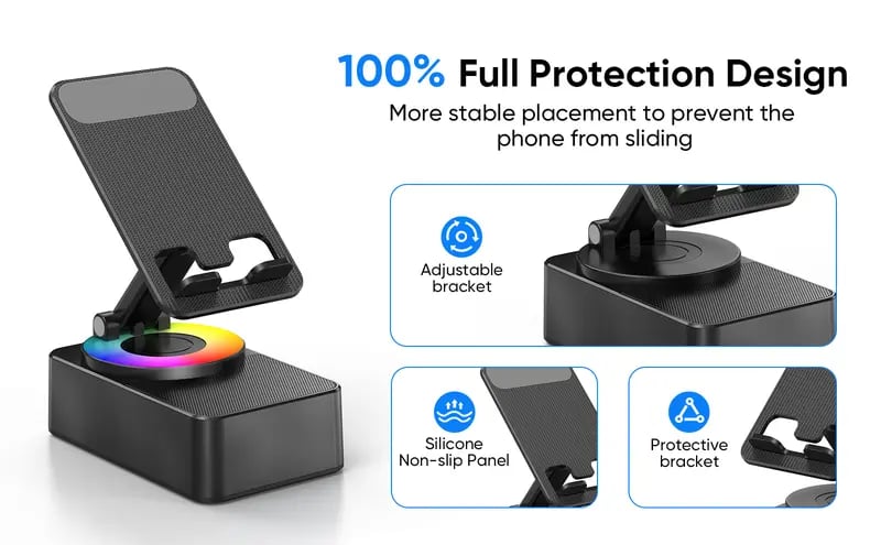 Product Introduction of IMOLI Wireless Audio Bluetooth Speaker with Emergency charging, 5in1 Phone Holder Power Bank with Colorful Ambient Light for Tablet iPhone Android 14