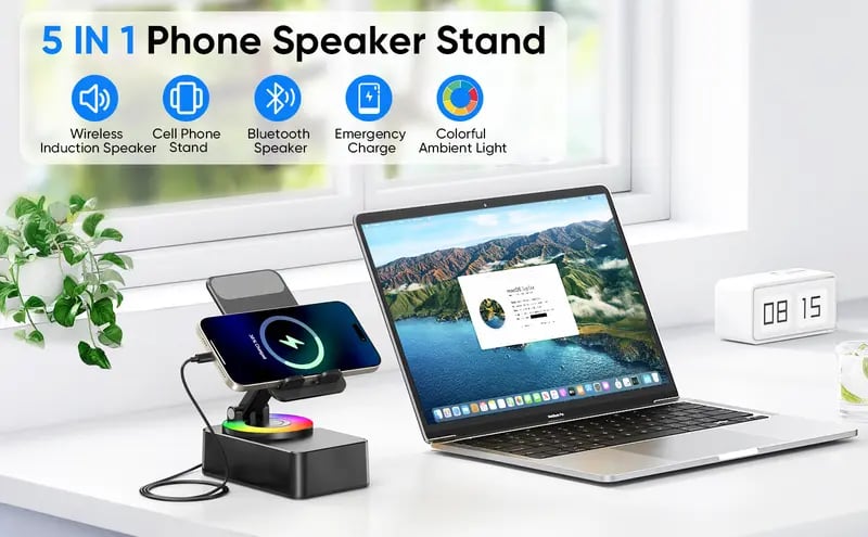 Product Introduction of IMOLI Wireless Audio Bluetooth Speaker with Emergency charging, 5in1 Phone Holder Power Bank with Colorful Ambient Light for Tablet iPhone Android 2