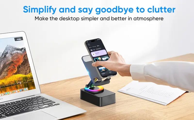 Product Introduction of IMOLI Wireless Audio Bluetooth Speaker with Emergency charging, 5in1 Phone Holder Power Bank with Colorful Ambient Light for Tablet iPhone Android 10