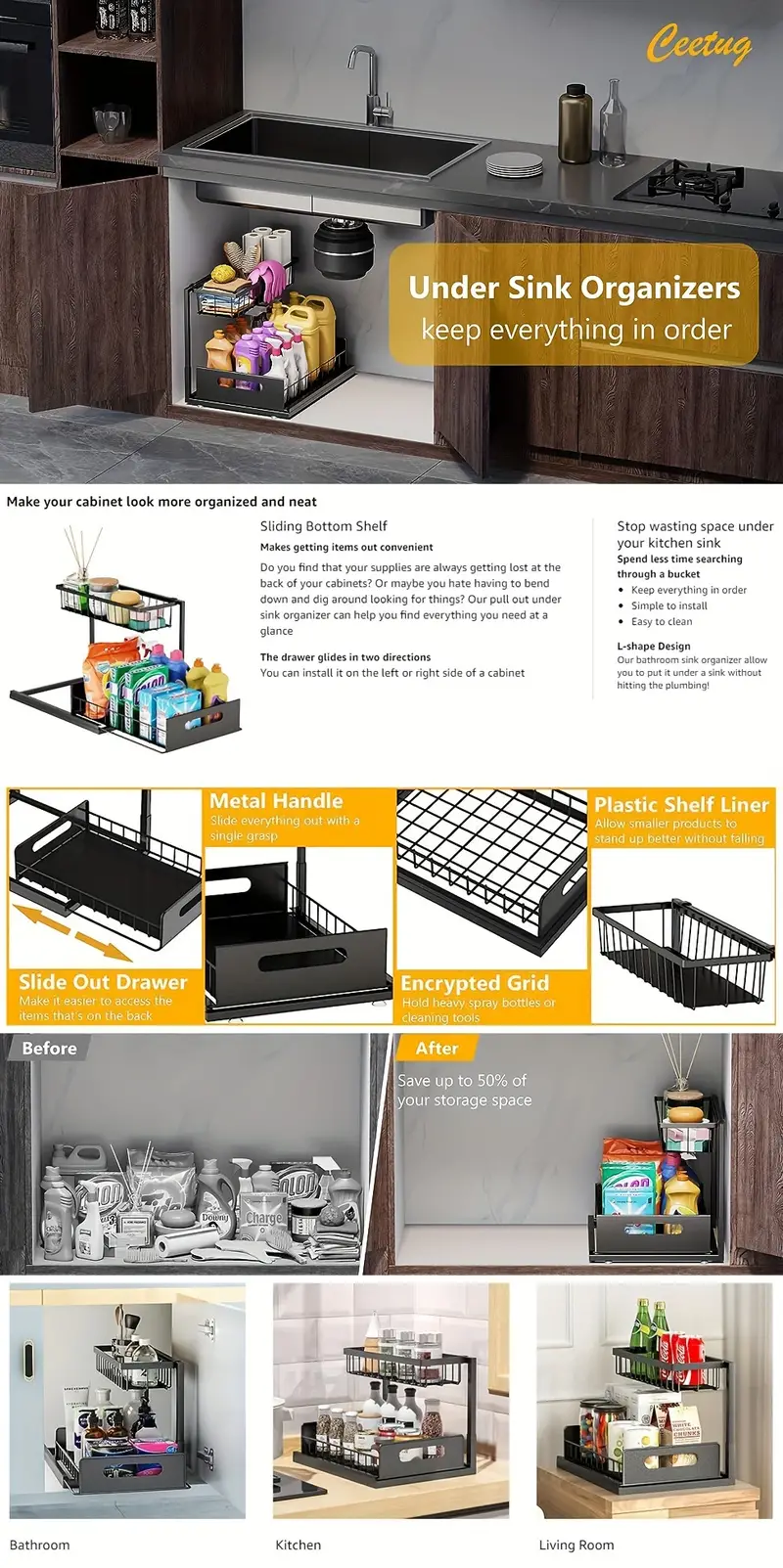 under sink organizer 2 tier slide out kitchen cabinet organizer sturdy metal bathroom storage shelf details 0