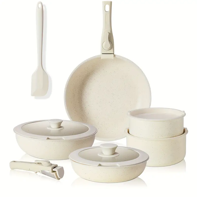 12 pcs pots and pans set nonstick kitchen cookware set with detachable handle induction cookware dishwasher oven safe beige details 1