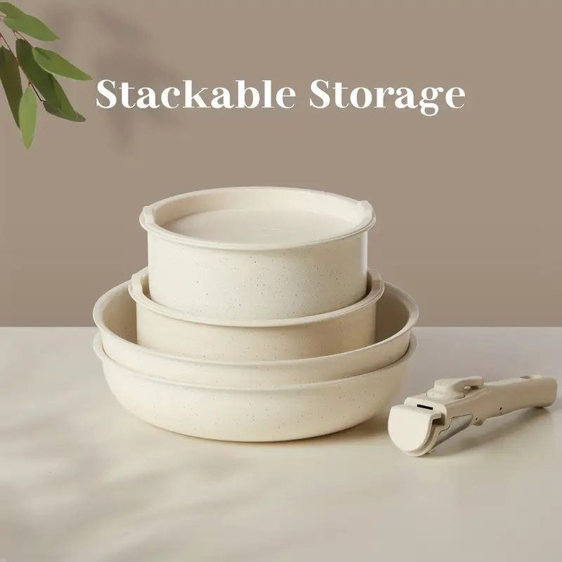12 pcs pots and pans set nonstick kitchen cookware set with detachable handle induction cookware dishwasher oven safe beige details 0