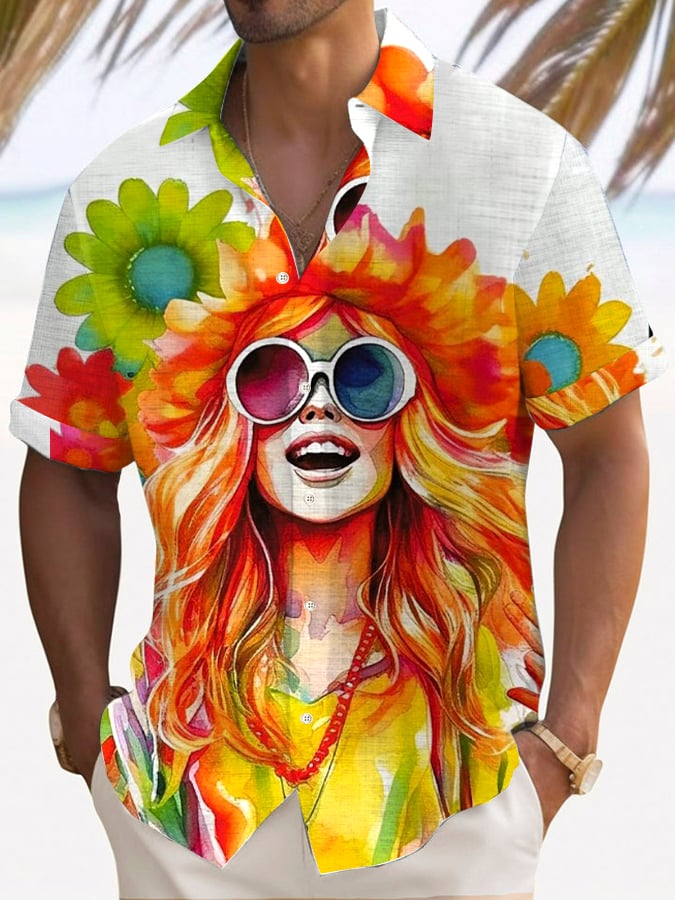 Men's Peace And Love Short Sleeve Pockets Shirt