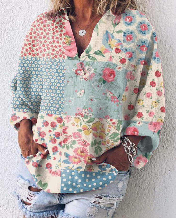 Vintage Bohemian Casual Floral Art V-Neck Top