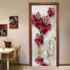 3D Door Wallpaper Peel and Stick Red Flowers Self Adhesive 3D Door Stickers