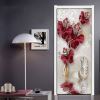 3D Door Wallpaper Peel and Stick Red Flowers Self Adhesive 3D Door Stickers