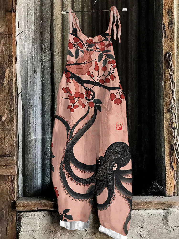 Vintage Octopus Blossom Art Print Loose Jumpsuit