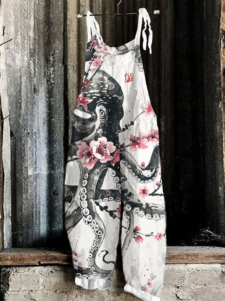 Vintage Loose Japanese Art Octopus Floral Print Jumpsuit