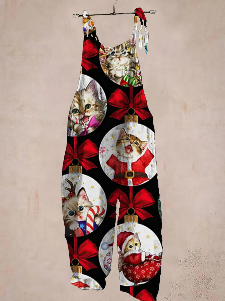 Christmas cat print casual jumpsuit