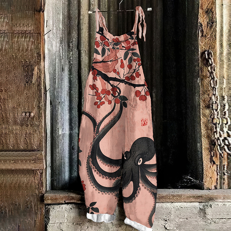 Vintage Octopus Blossom Art Print Loose Jumpsuit