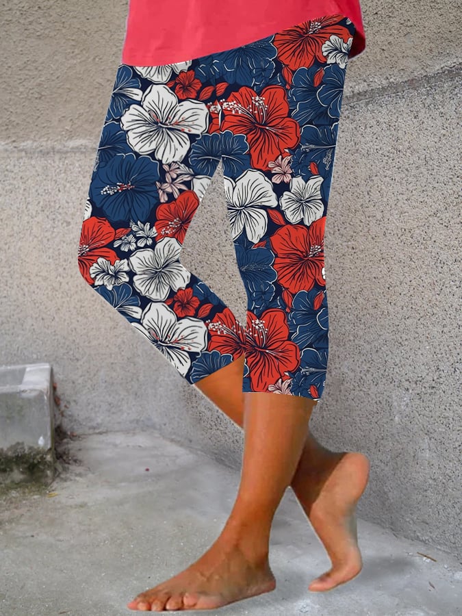 Women's Independence Day Red, White and Blue Floral Print Leggings