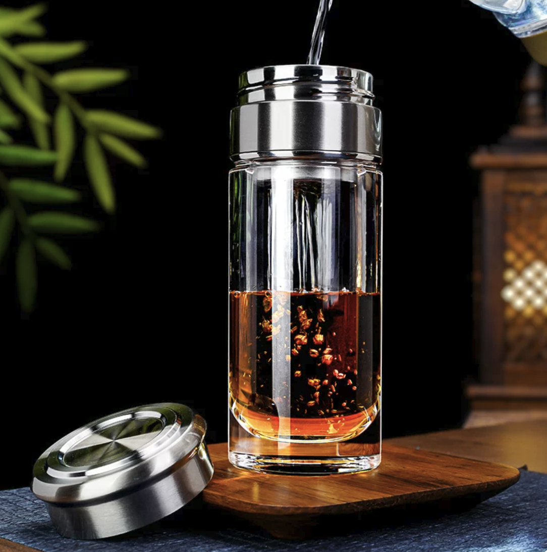 Premium Hand-Polished Crystal Tea Tumbler - Heat-Resistant Double Wall Travel Mug with Tea Infuser, Portable High-End Teaware for Office & Car