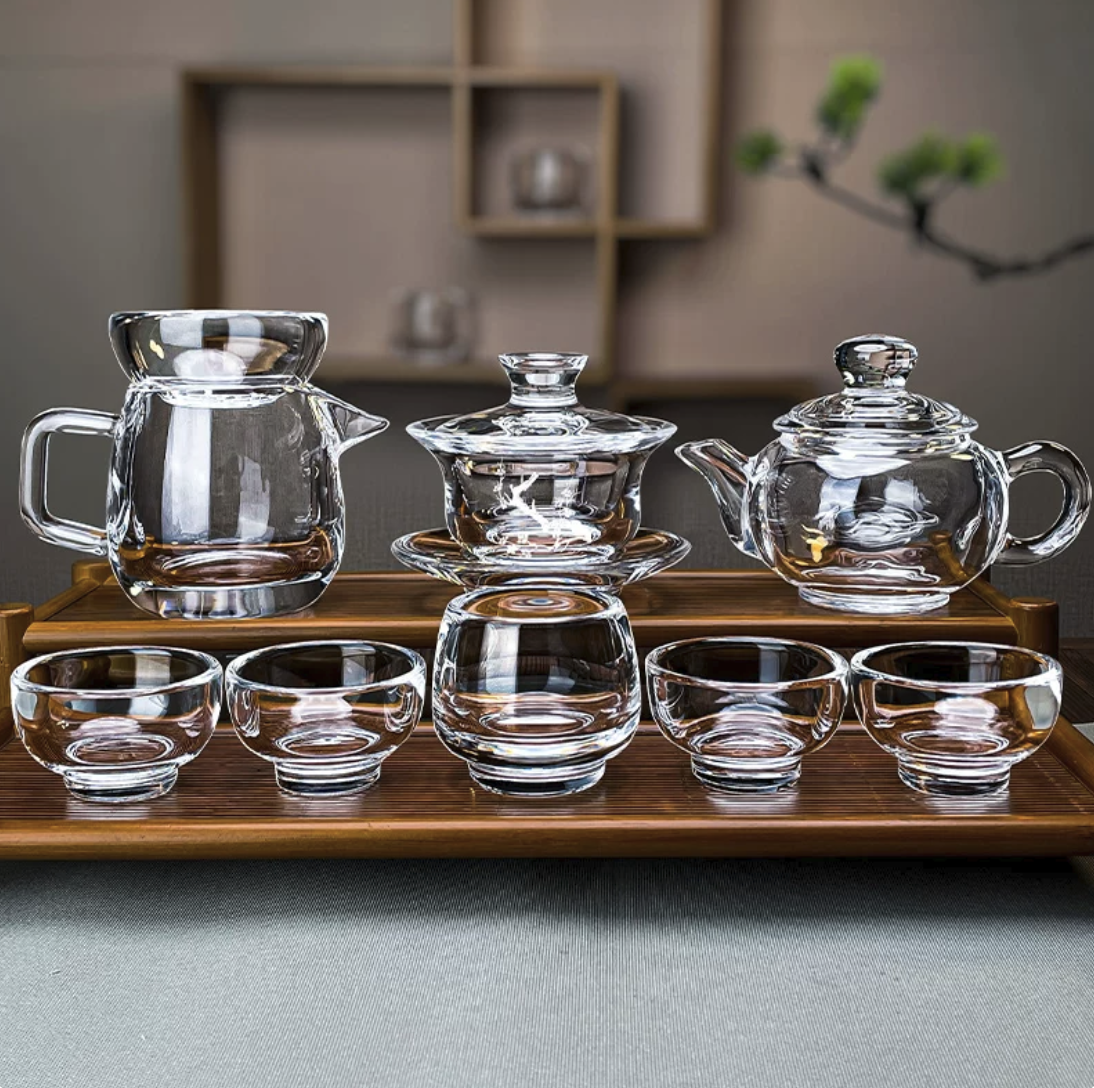 Premium Crystal Kung Fu Tea Set - Heat-Resistant Clear Gaiwan Teapot, Fairness Pitcher & Tasting Cups, Complete High-End Traditional Teaware Gift Collection