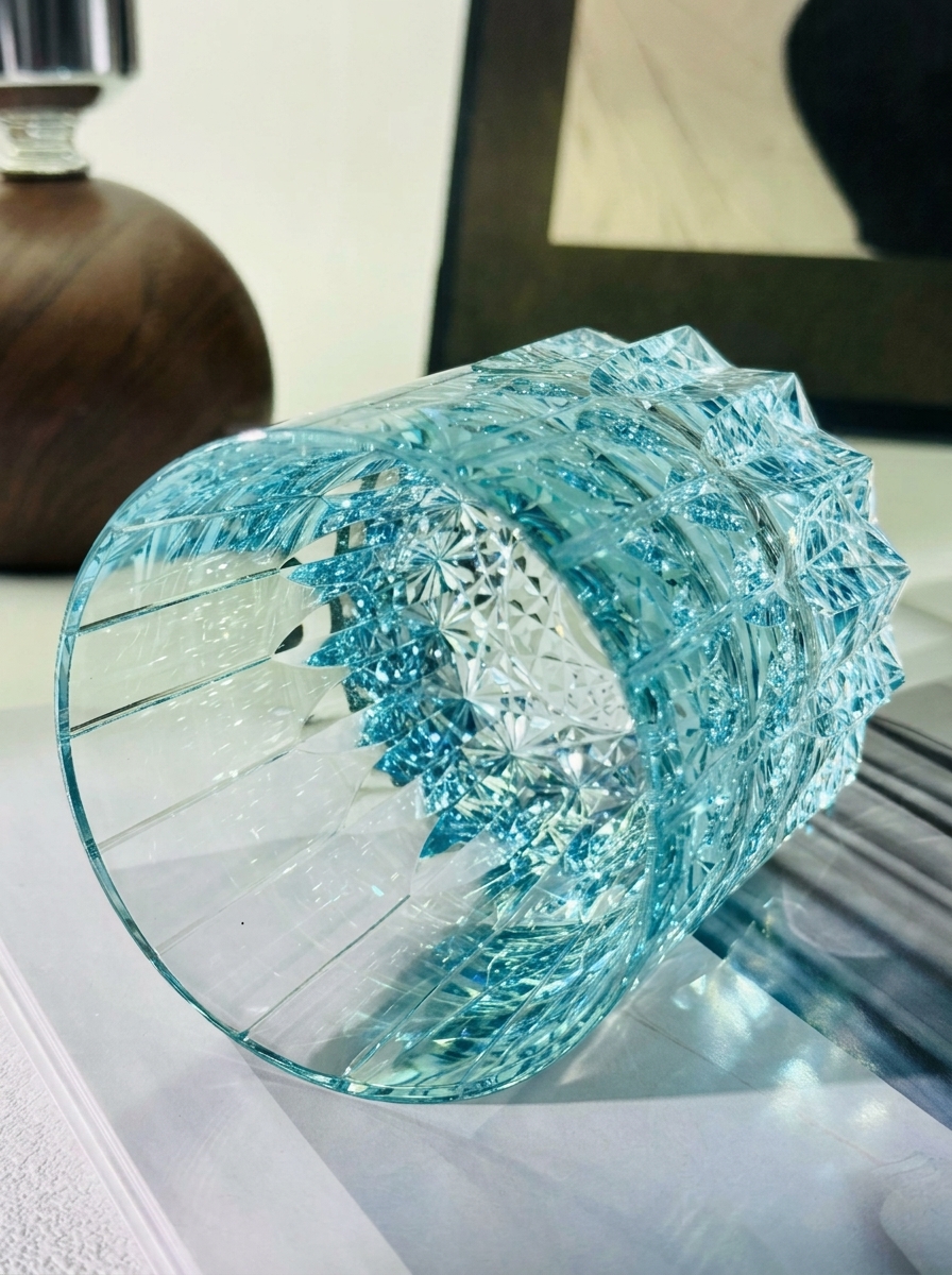 Premium Hand-Cut Starburst Whiskey Glass | Rare Aquamarine Crystal Tumbler Gift for Her