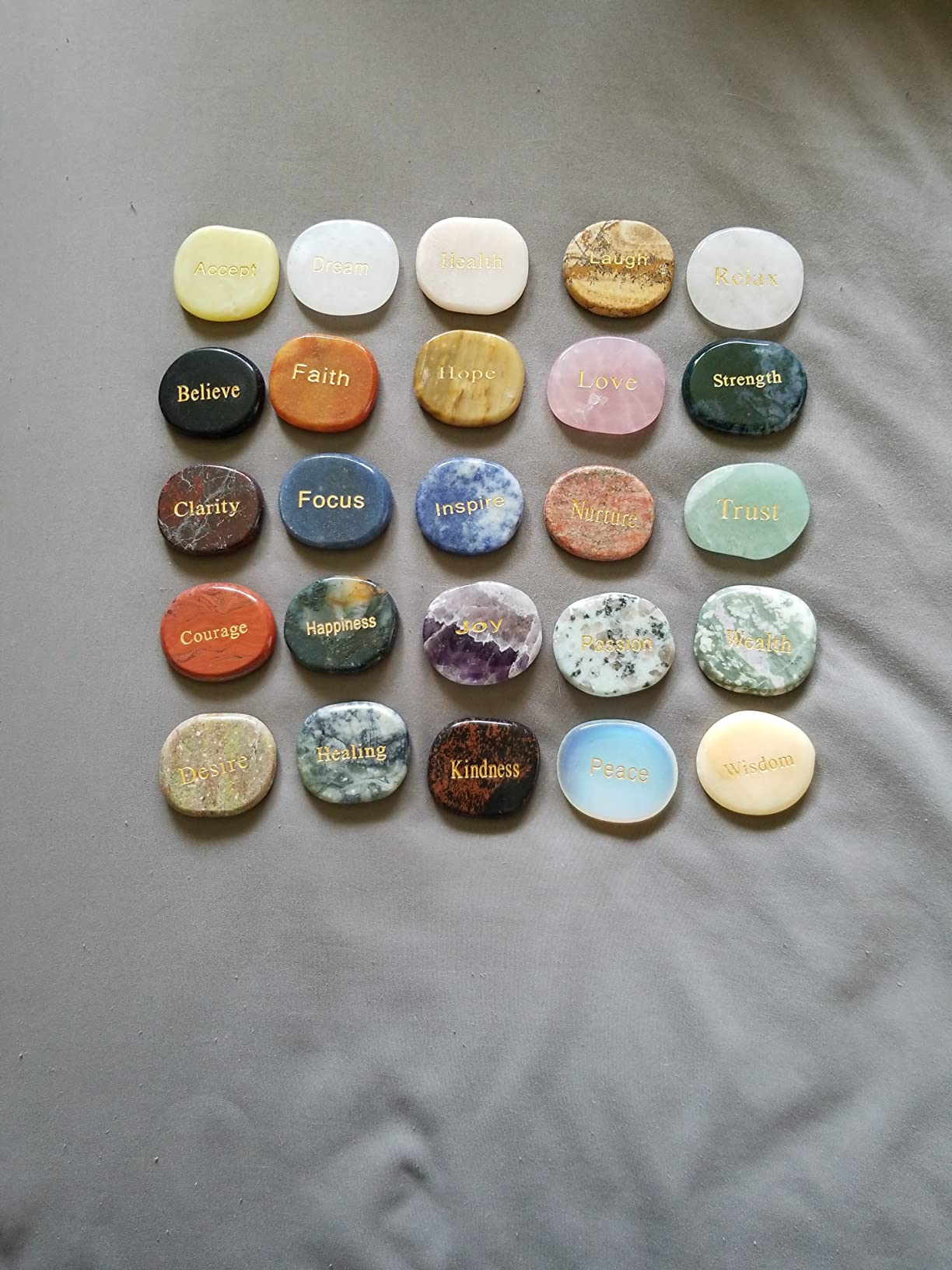 Natural Engraved Inspirational Word Worry Stones(25 Different Words ，Hand-Carved Natural Crystals – Clear Quartz & Rose Quartz | Pocket Crystals, Healing Stones, Decorative Miniatures