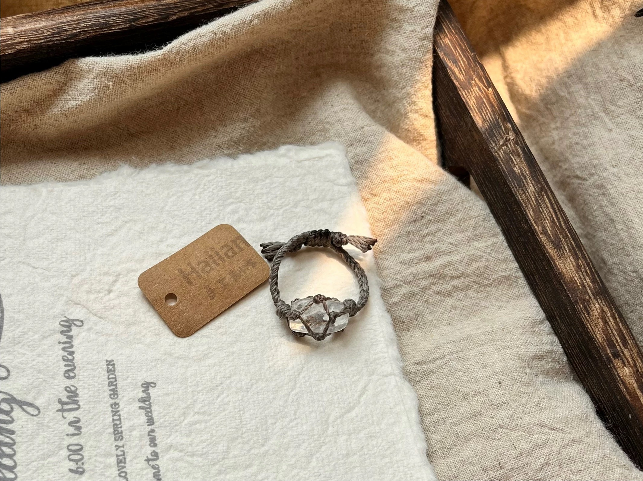 Handwoven Natural Crystal Macramé Ring – Gray Net Pouch Style