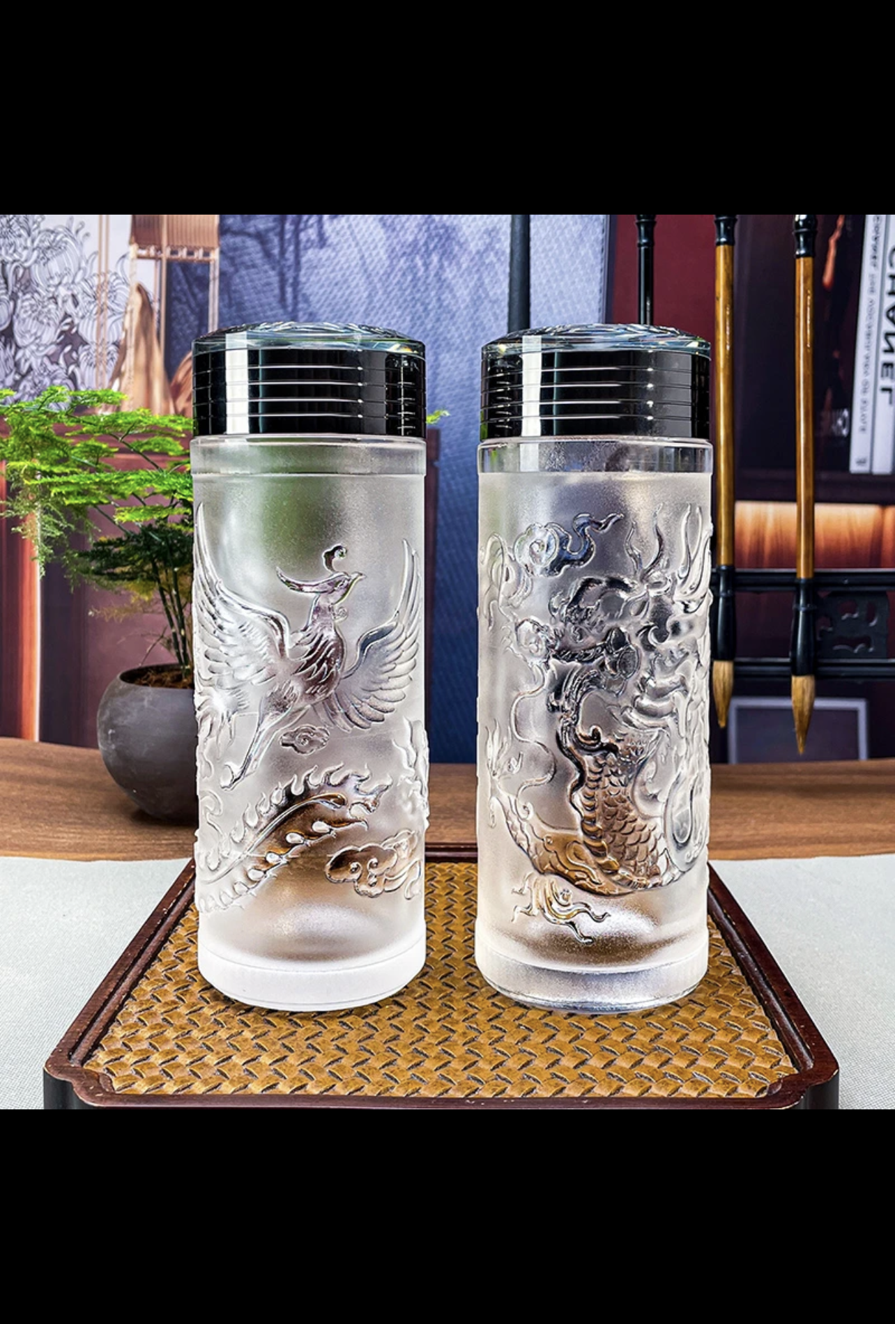 Crystaltells Handmade Natural Quartz Crystal Glass Hand Carved Dragon/Phoenix 300ml 400ml Gift Package-Crystaltells