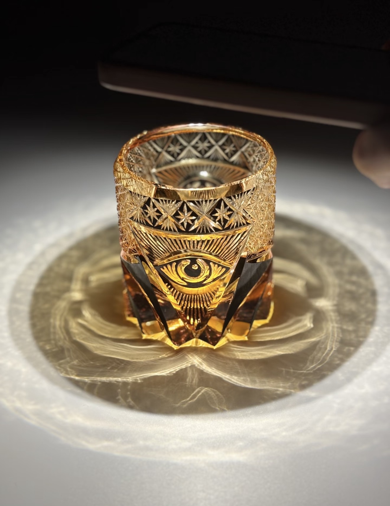 Premium Edo Kiriko Rocks Glass – Hand-Carved "All-Seeing Eye" Vintage Black & Gold Whiskey Glass