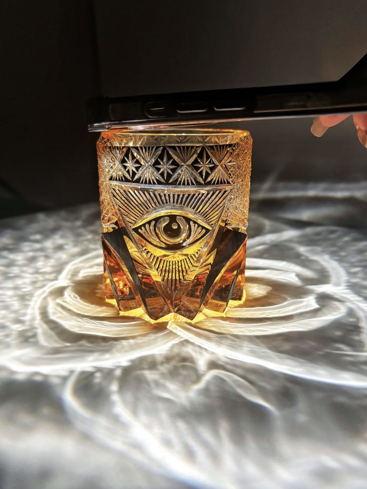 Premium Edo Kiriko Rocks Glass – Hand-Carved "All-Seeing Eye" Vintage Black & Gold Whiskey Glass