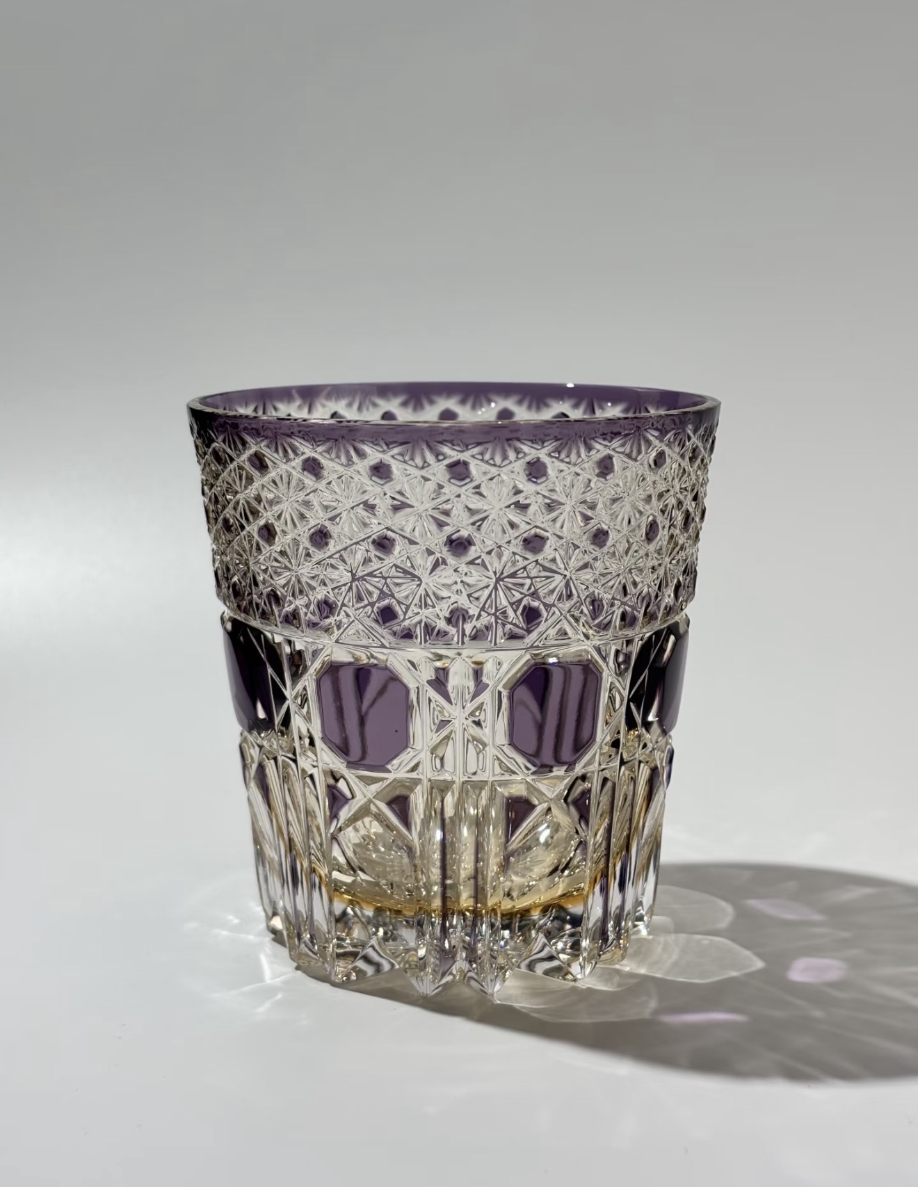 Premium Edo Kiriko Crystal Tumbler – Deep-Cut Amber Purple Whiskey Tasting Glass