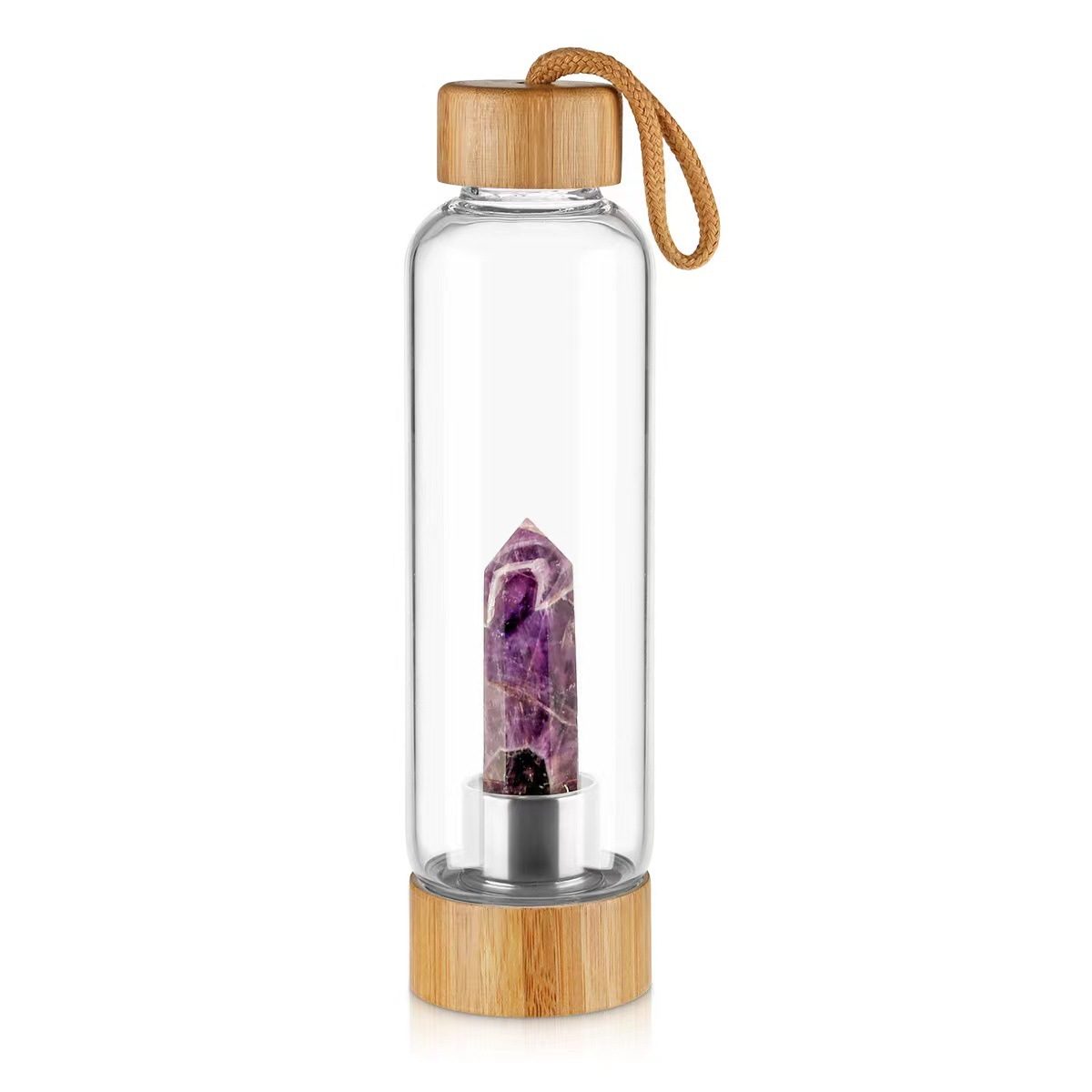 Natural Crystal Energy Elixir Water Bottle – Raw Crystal Point Infused, Bamboo Lid, Large Capacity, Heat-Resistant & Portable with Handle
