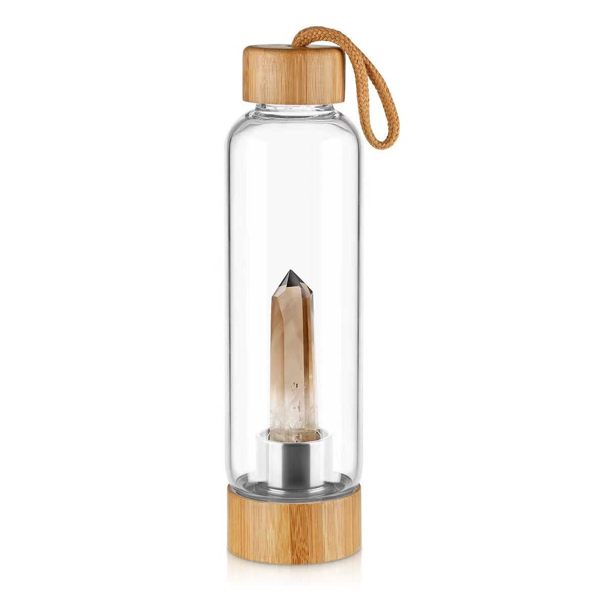 Natural Crystal Energy Elixir Water Bottle – Raw Crystal Point Infused, Bamboo Lid, Large Capacity, Heat-Resistant & Portable with Handle