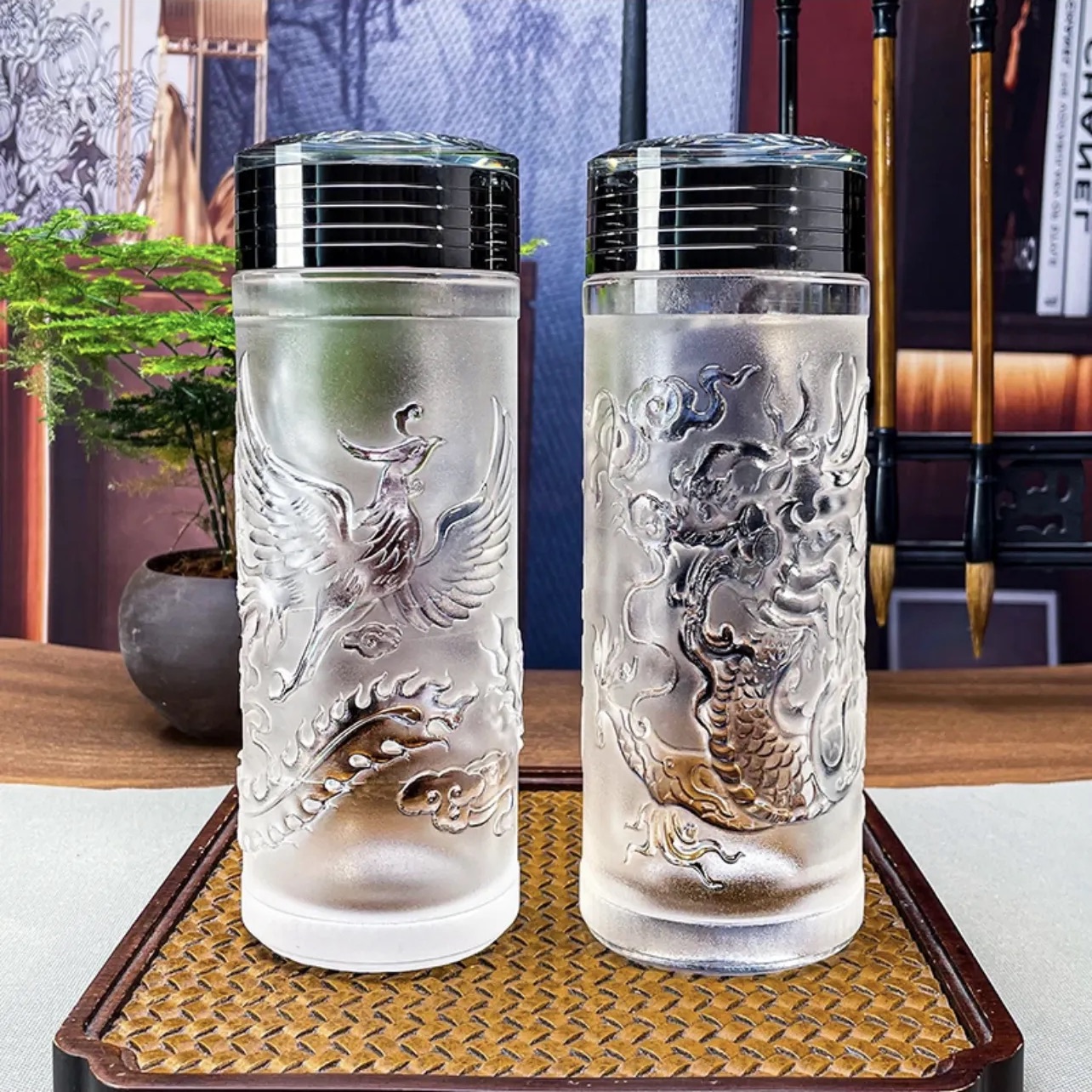 Crystaltells Handmade Natural Quartz Crystal Glass Hand Carved Dragon/Phoenix 300ml 400ml Gift Package-Crystaltells