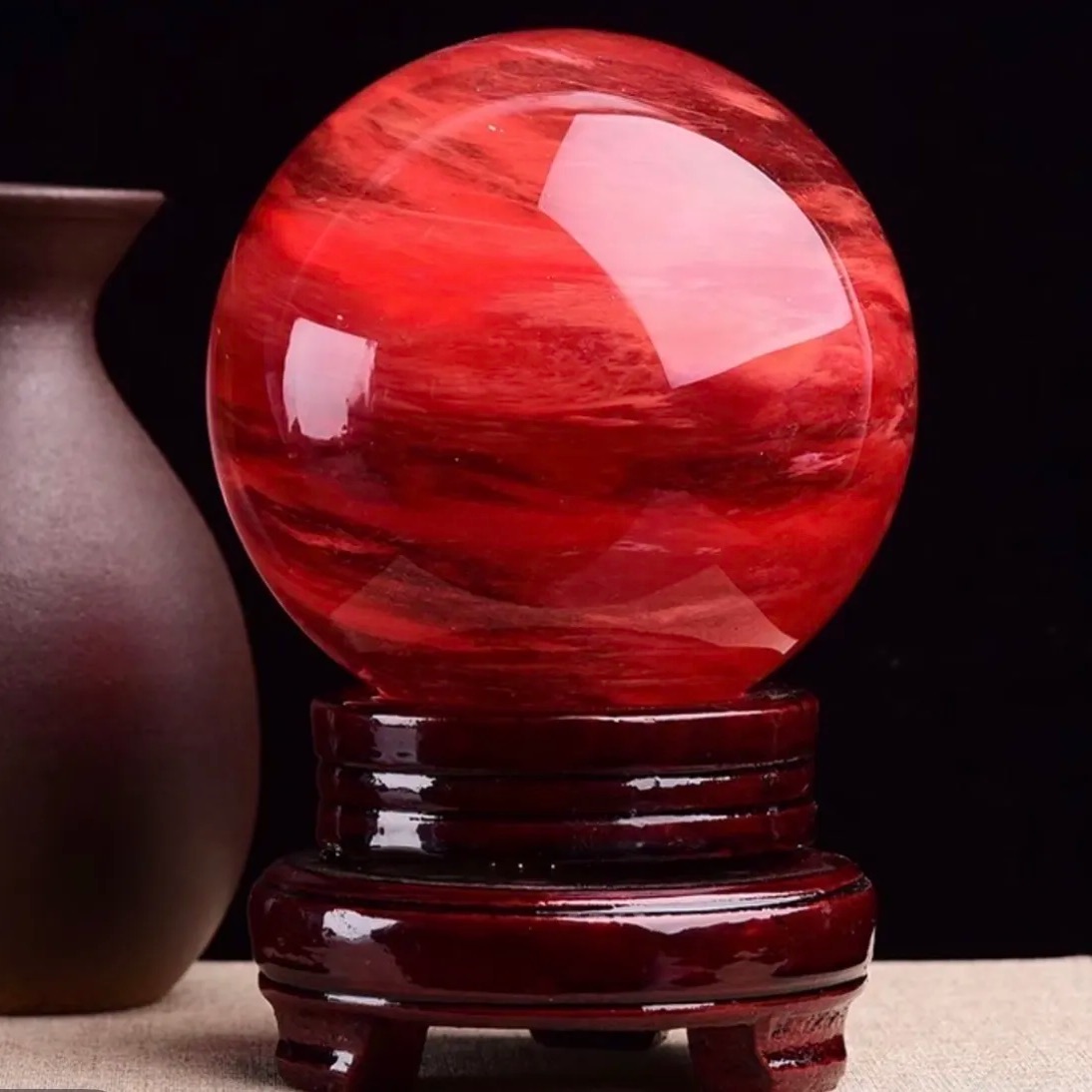 Elegant Red Crystal Ball with Stand - Decorative Glass Sphere Sculpture for Office Desk, Gift Idea