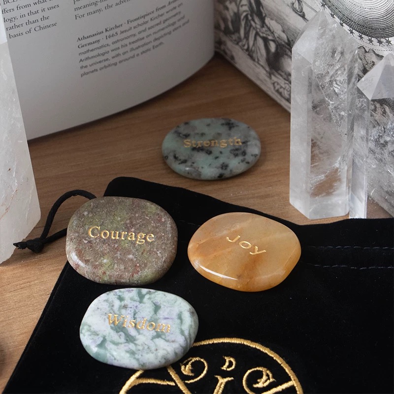 Natural Engraved Inspirational Word Worry Stones(25 Different Words ，Hand-Carved Natural Crystals – Clear Quartz & Rose Quartz | Pocket Crystals, Healing Stones, Decorative Miniatures