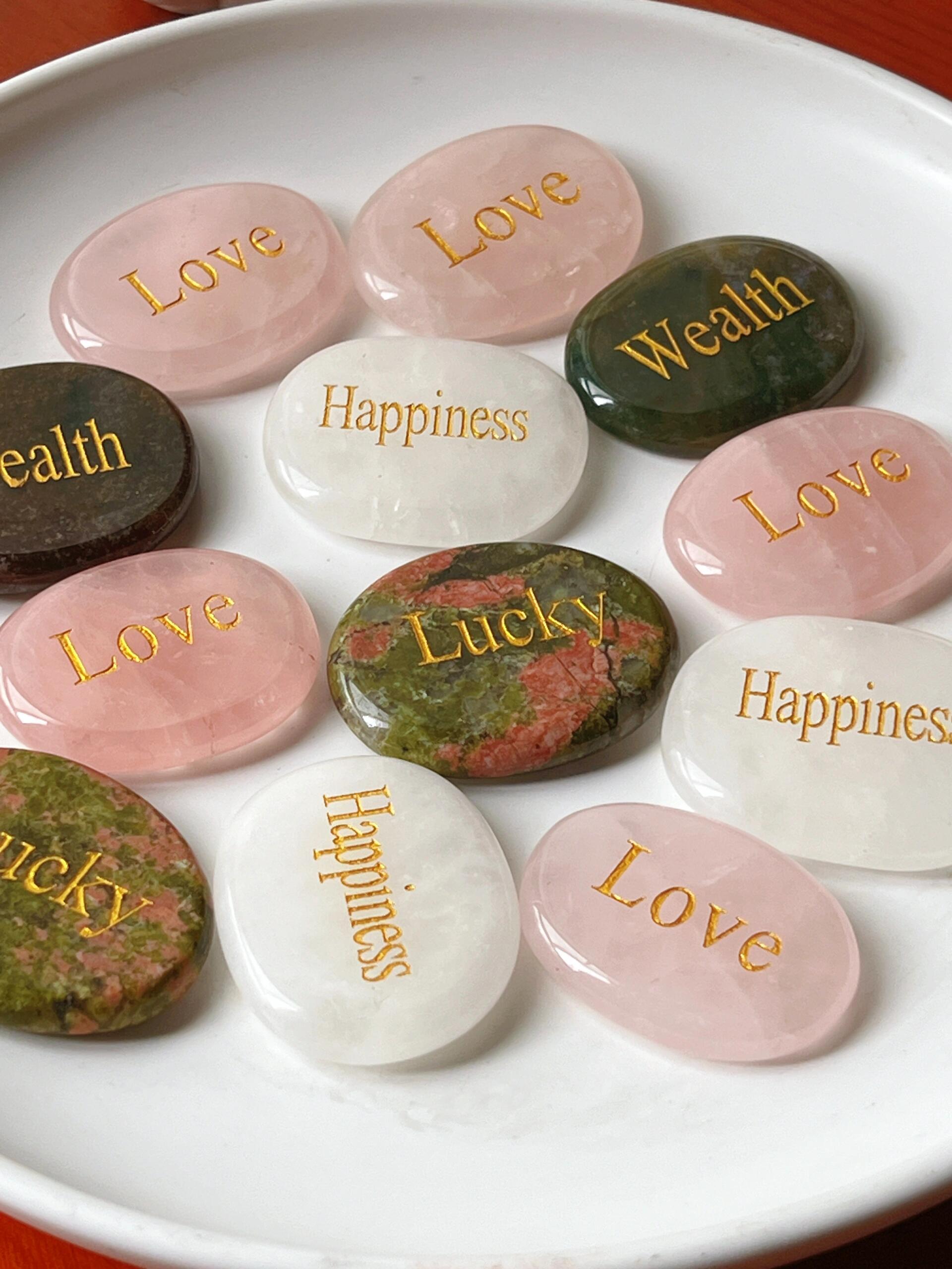 Natural Engraved Inspirational Word Worry Stones(25 Different Words ，Hand-Carved Natural Crystals – Clear Quartz & Rose Quartz | Pocket Crystals, Healing Stones, Decorative Miniatures