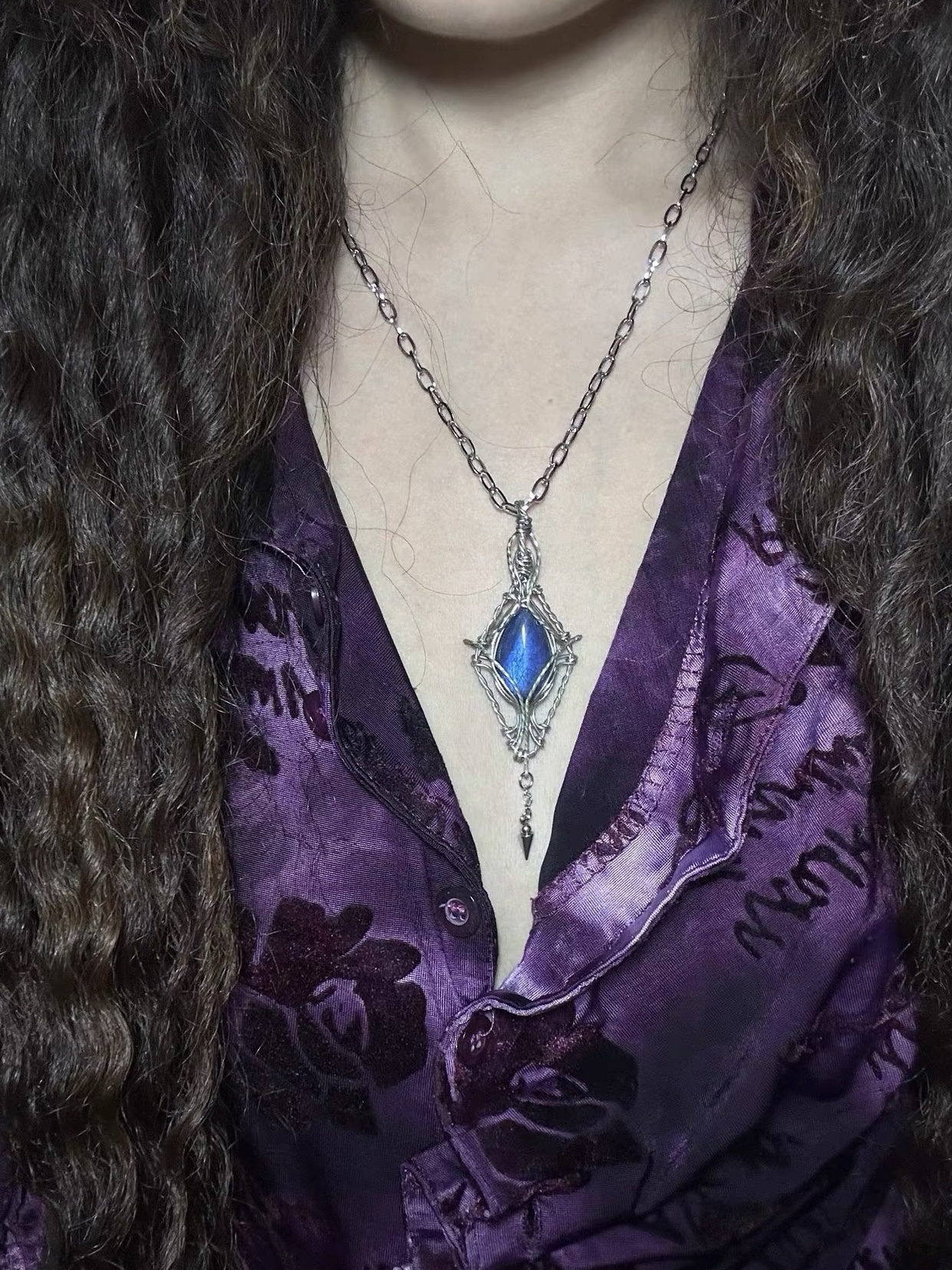 Vintage Wire-Wrapped Raw Labradorite Crystal Stone Pendant Necklace