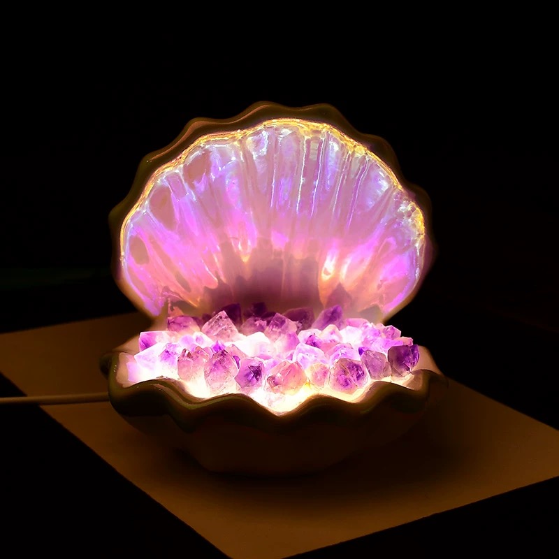 Natural Amethyst Shell Night Light – Healing Crystal Lamp, Purple Amethyst Home Decor Energy Light