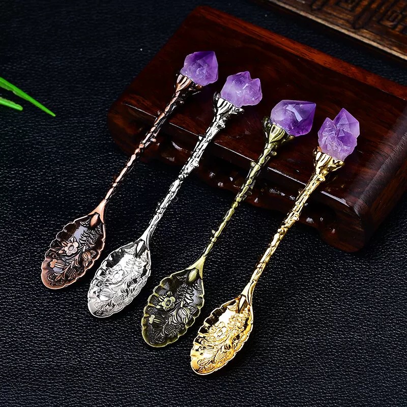 Natural Uruguayan Amethyst Crystal Long-Handled Spoon – Raw Crystal Tableware Healing Energy Spoon