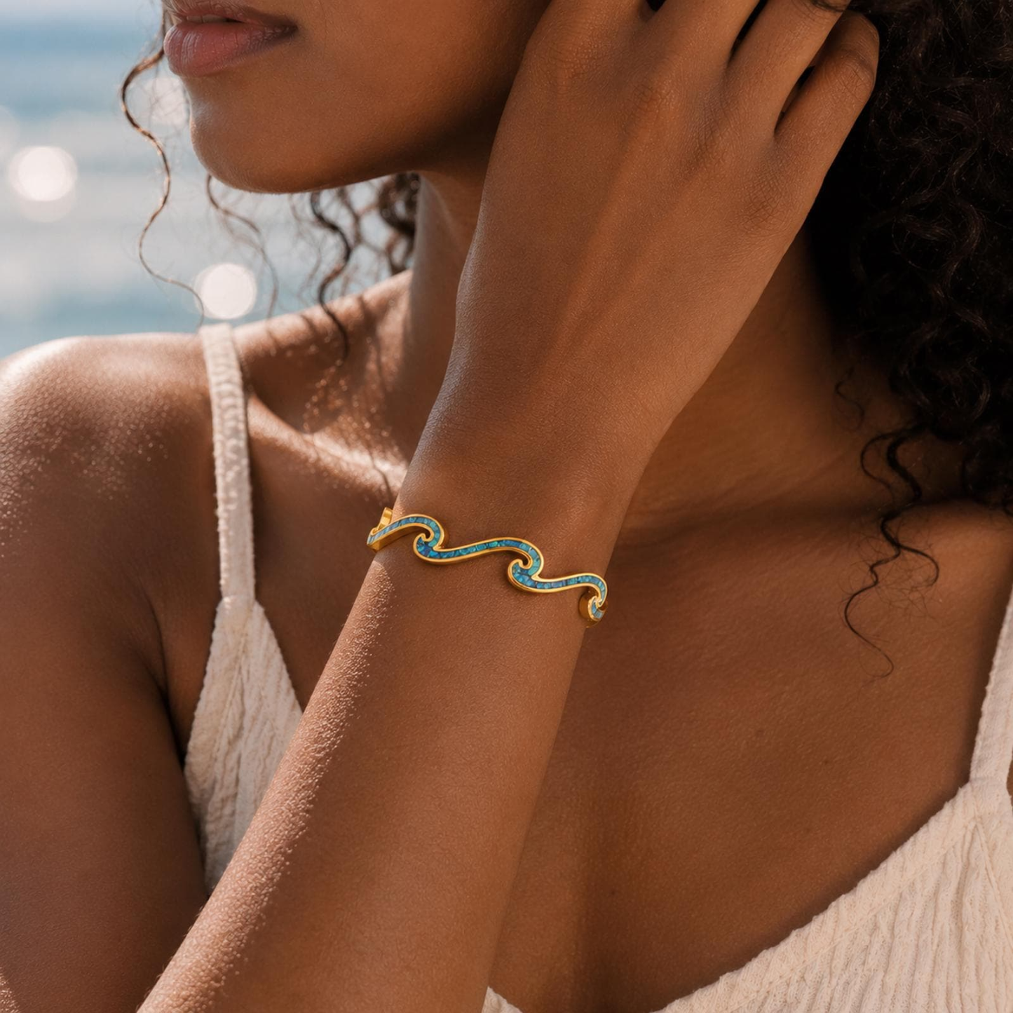 Opal Wave Open Bangle — Ocean Light Around Your Wrist