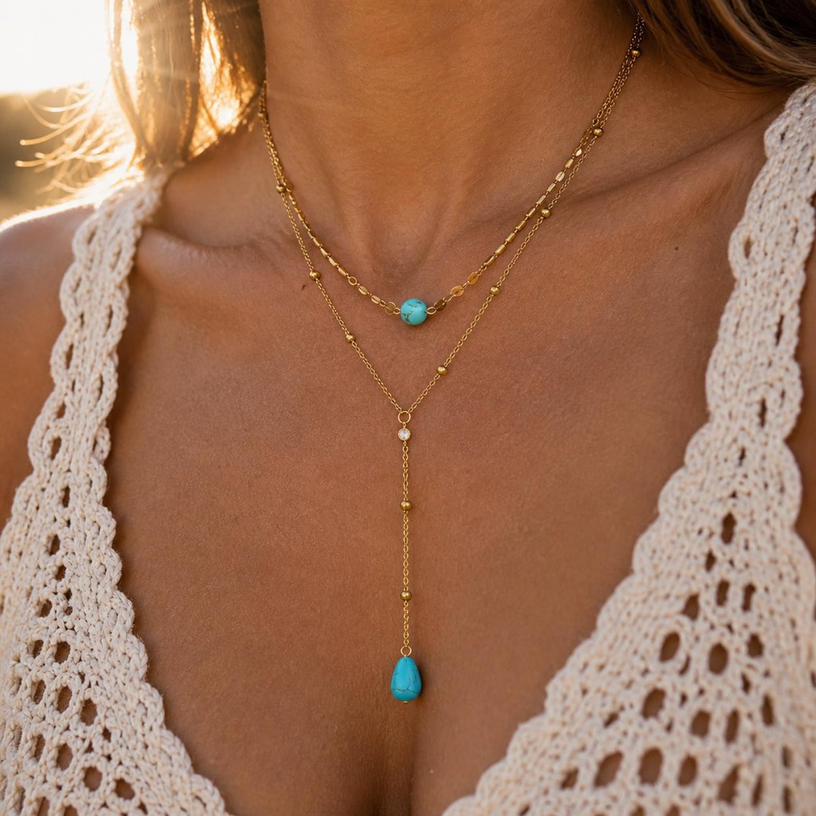 Layered Turquoise Lariat Necklace — Sunlit Layers, Ocean Calm