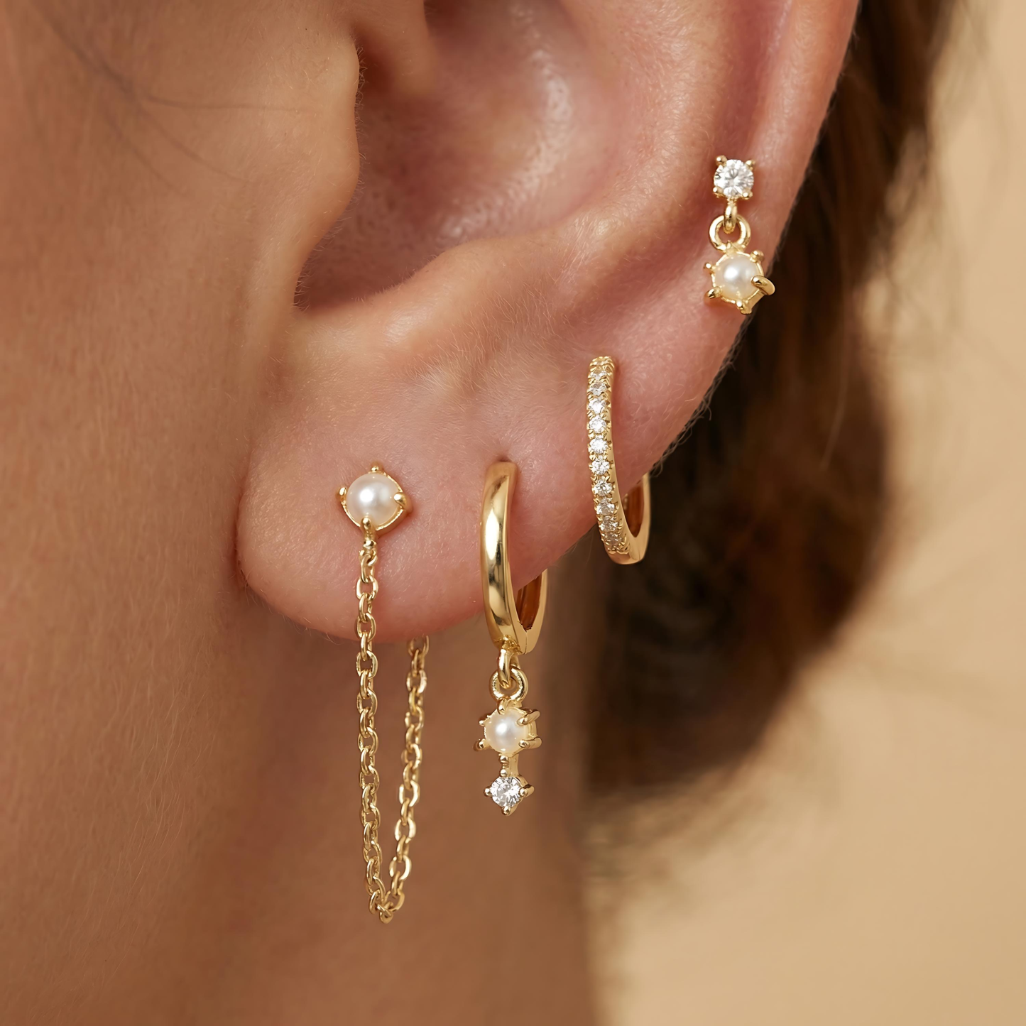 Dainty CZ Hoop & Pearl Chain Ear Stack
