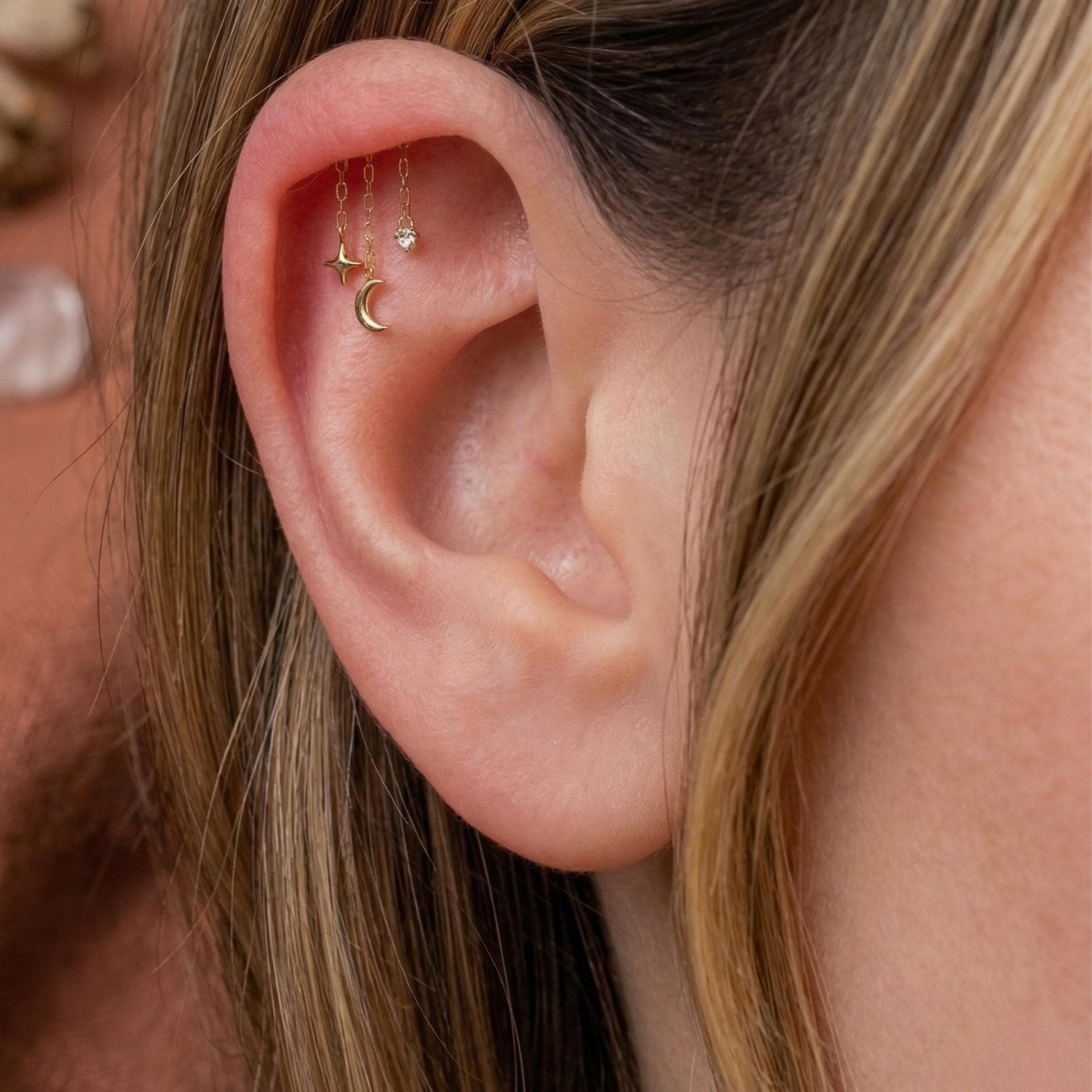 Hidden Chain Moon & Star Flat Back Stud