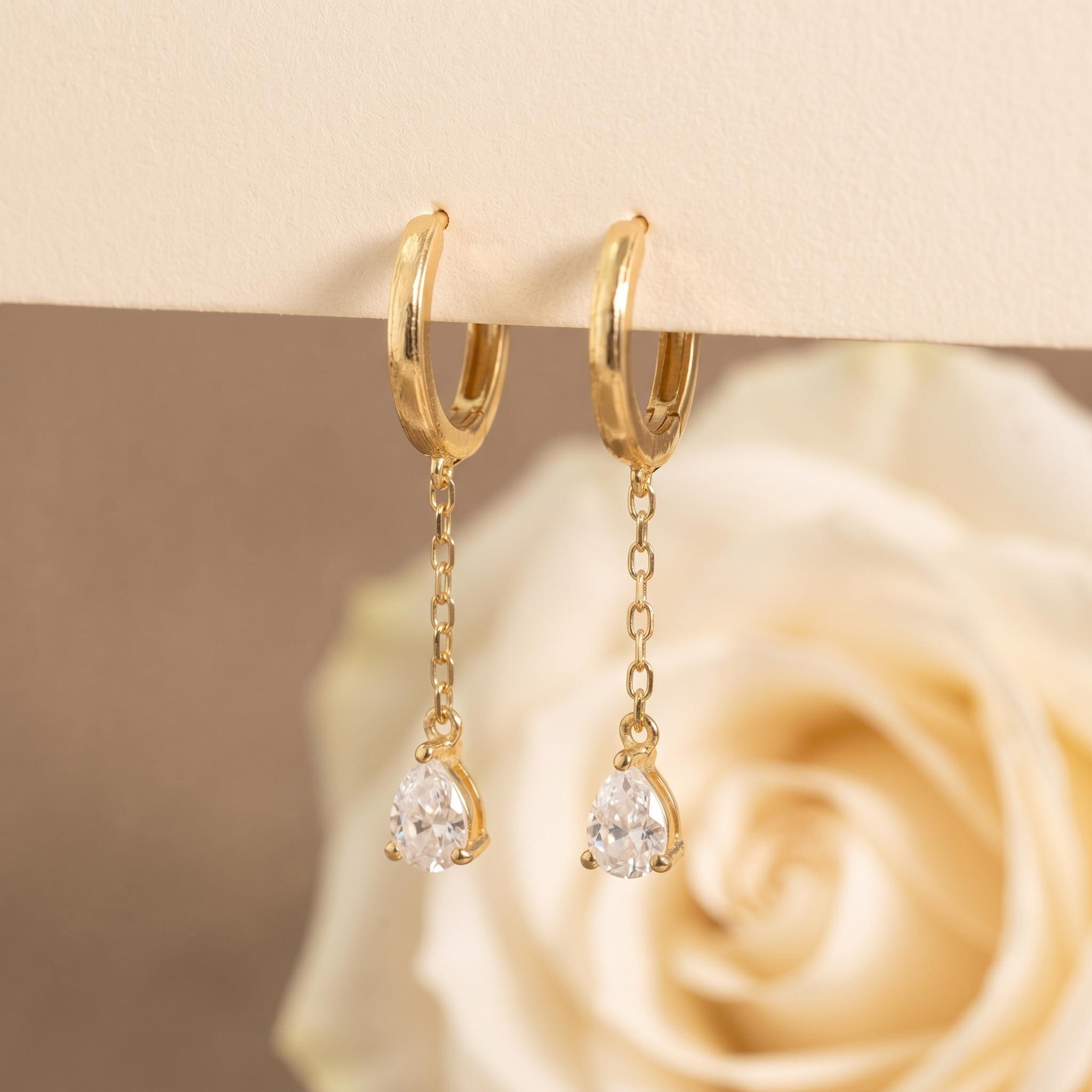 Delicate Teardrop CZ Chain Earrings