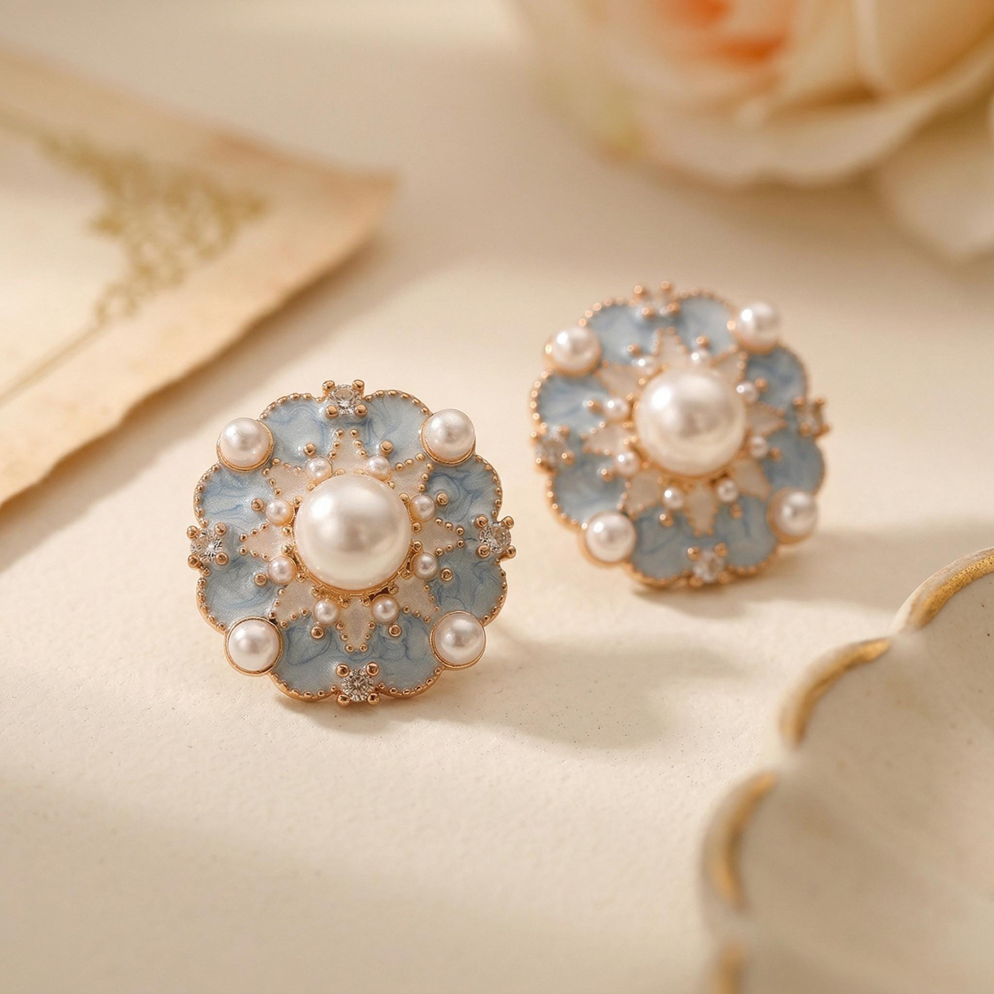 Blue Blossom Pearl Stud Earrings