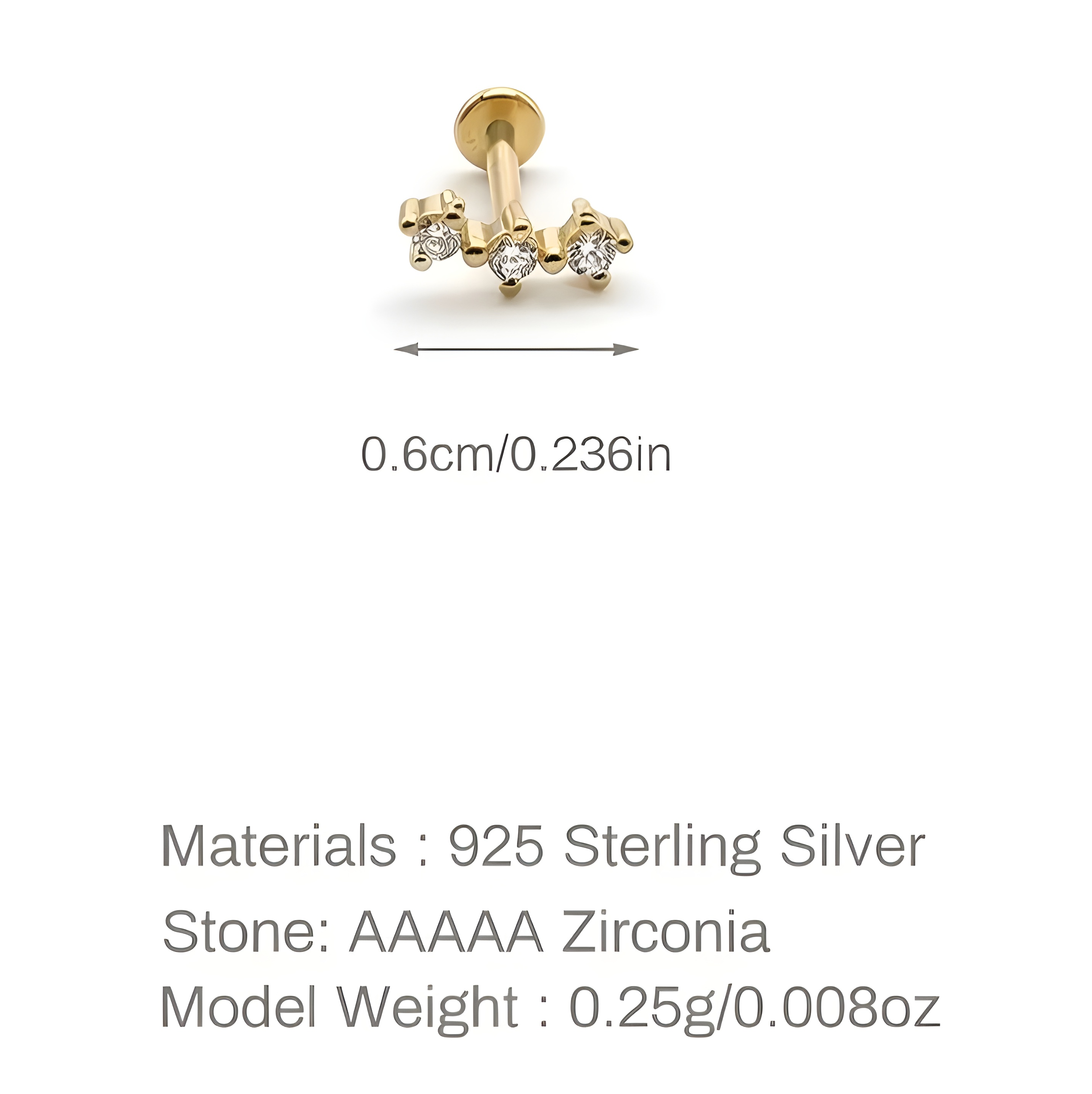 Sterling Silver Tiny Three Cz Labret (1 PC)