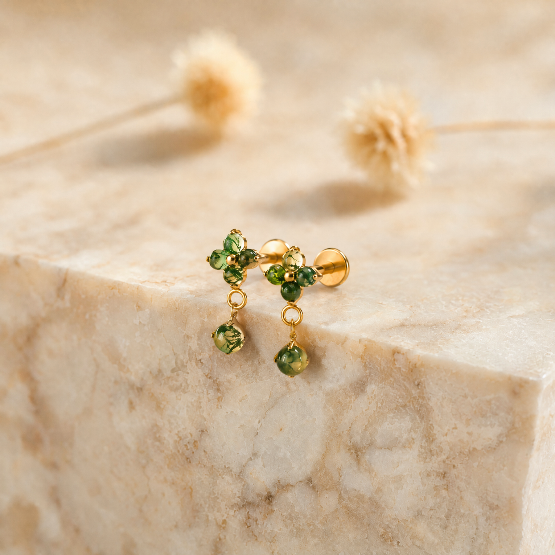 Moss Agate Dangle Stud Earring