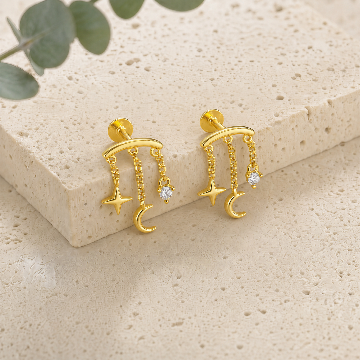 Hidden Chain Moon & Star Flat Back Stud