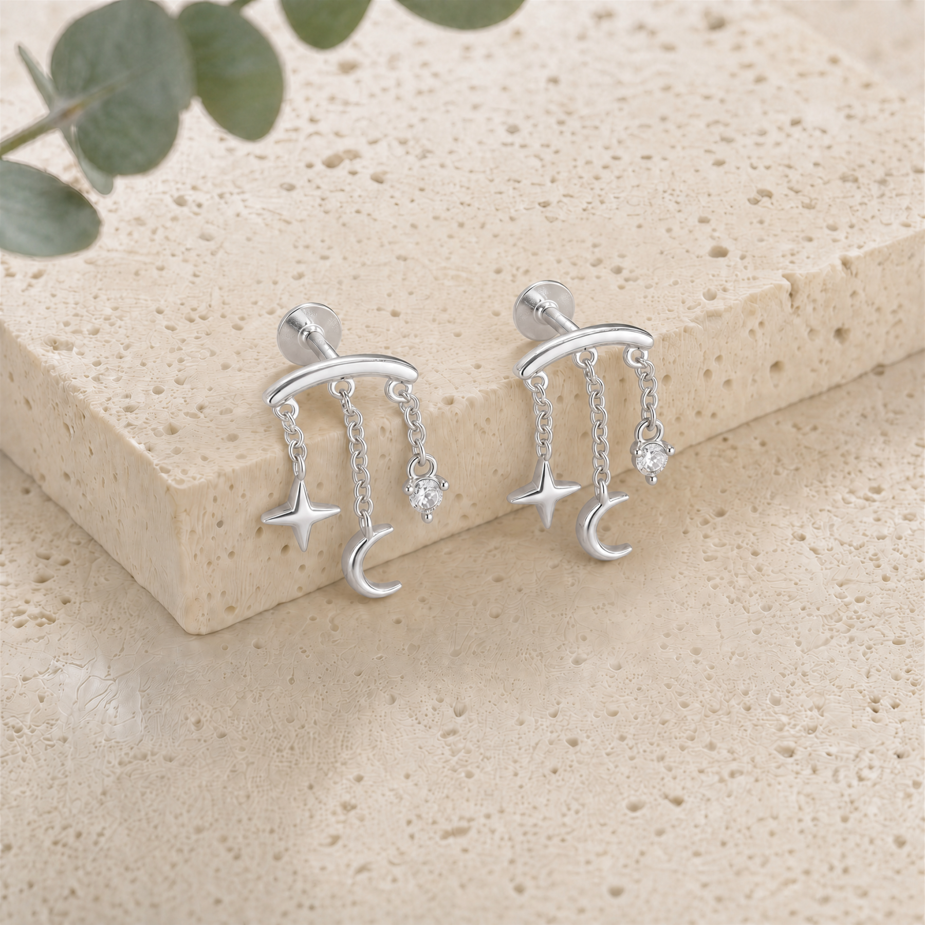 Hidden Chain Moon & Star Flat Back Stud